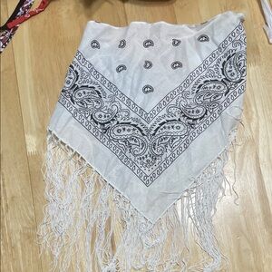 White Bandana Fringe Scarf with Black Paisley Print